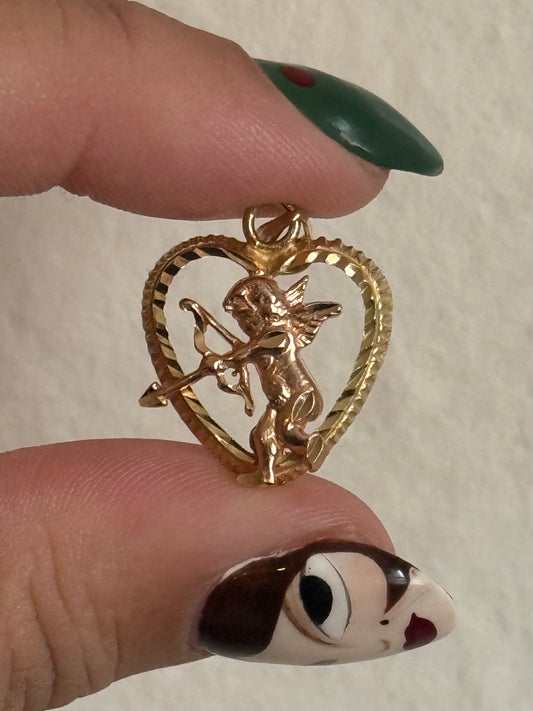 14k Two Tone Cherub Arrow Heart Pendant