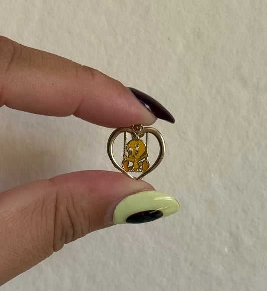 Vintage 14k + Enamel Tweety Heart Pendant