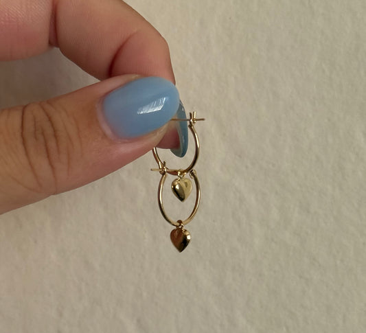 14k Heart Charm Hoop Earrings