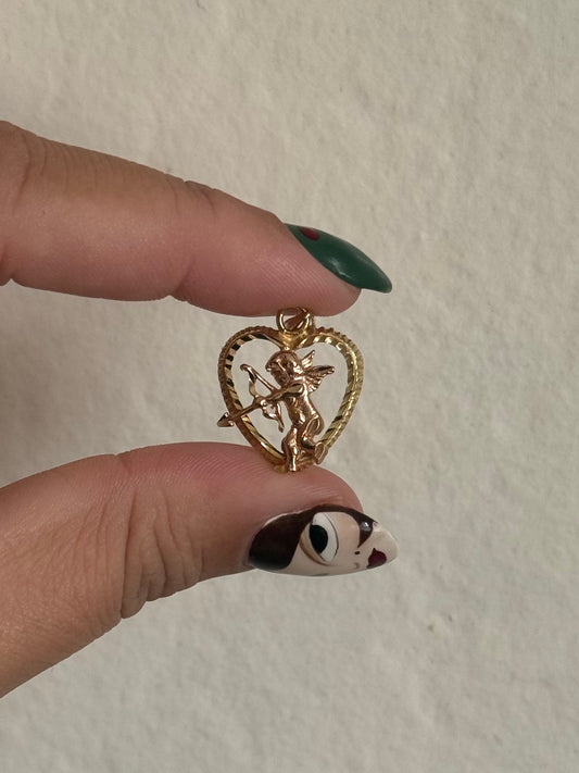 14k Two Tone Cherub Arrow Heart Pendant